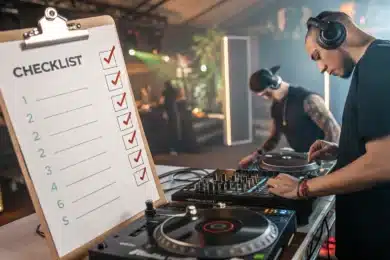 Un check-list cochant les critères essentiels, avec une photo d’un DJ en plein mix.