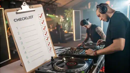 Un check-list cochant les critères essentiels, avec une photo d’un DJ en plein mix.